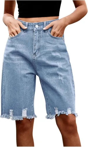 Womens Short Jeans Fashion Fringe Ripped High Waisted Button Knee Length Lounge Casual Denim Shorts with Pockets