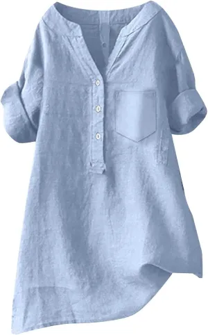 Womens Short Sleeve Cotton Linen Shirt Casual Crewneck Comfy T Shirt Bohemian Boho Loose Fit Summer Tee Tops