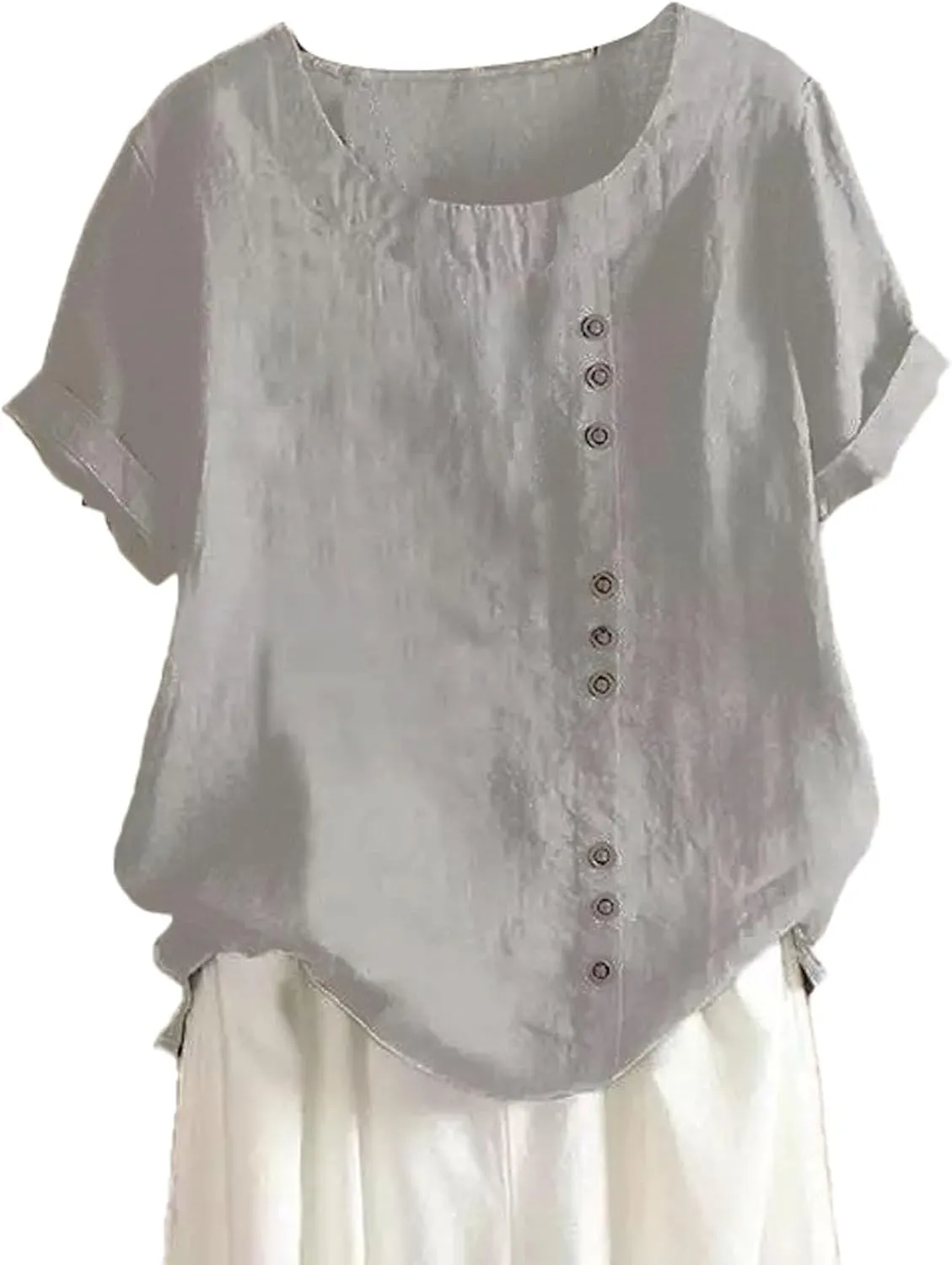Women's Short Sleeve Cotton Linen Shirts Casual V Neck Soft T-Shirt Button Up Loose Summer Tshirts