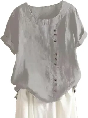 Women's Short Sleeve Cotton Linen Shirts Casual V Neck Soft T-Shirt Button Up Loose Summer Tshirts