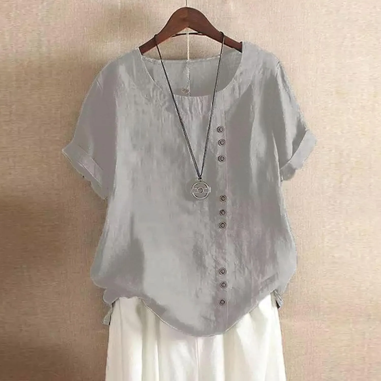 Women's Short Sleeve Cotton Linen Shirts Casual V Neck Soft T-Shirt Button Up Loose Summer Tshirts