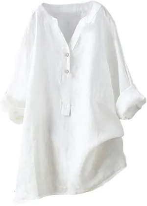 Women's Short Sleeve Linen Shirts Casual V Neck Plus Size T-Shirt Button Down Loose Summer Tee Top