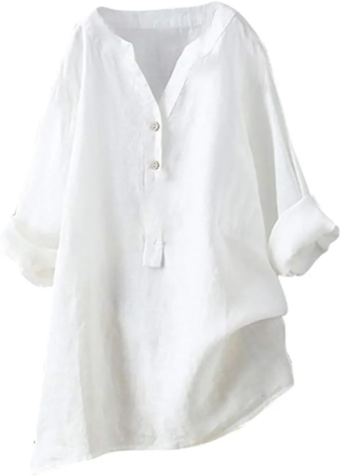 Women's Short Sleeve Linen Shirts Casual V Neck Plus Size T-Shirt Button Down Loose Summer Tee Top