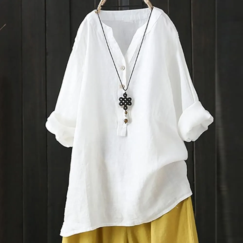 Women's Short Sleeve Linen Shirts Casual V Neck Plus Size T-Shirt Button Down Loose Summer Tee Top
