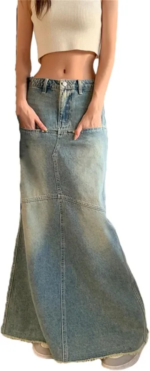 Women's Skinny Denim Long Skirts Vintage High Waist A-Line Pencil Skirt