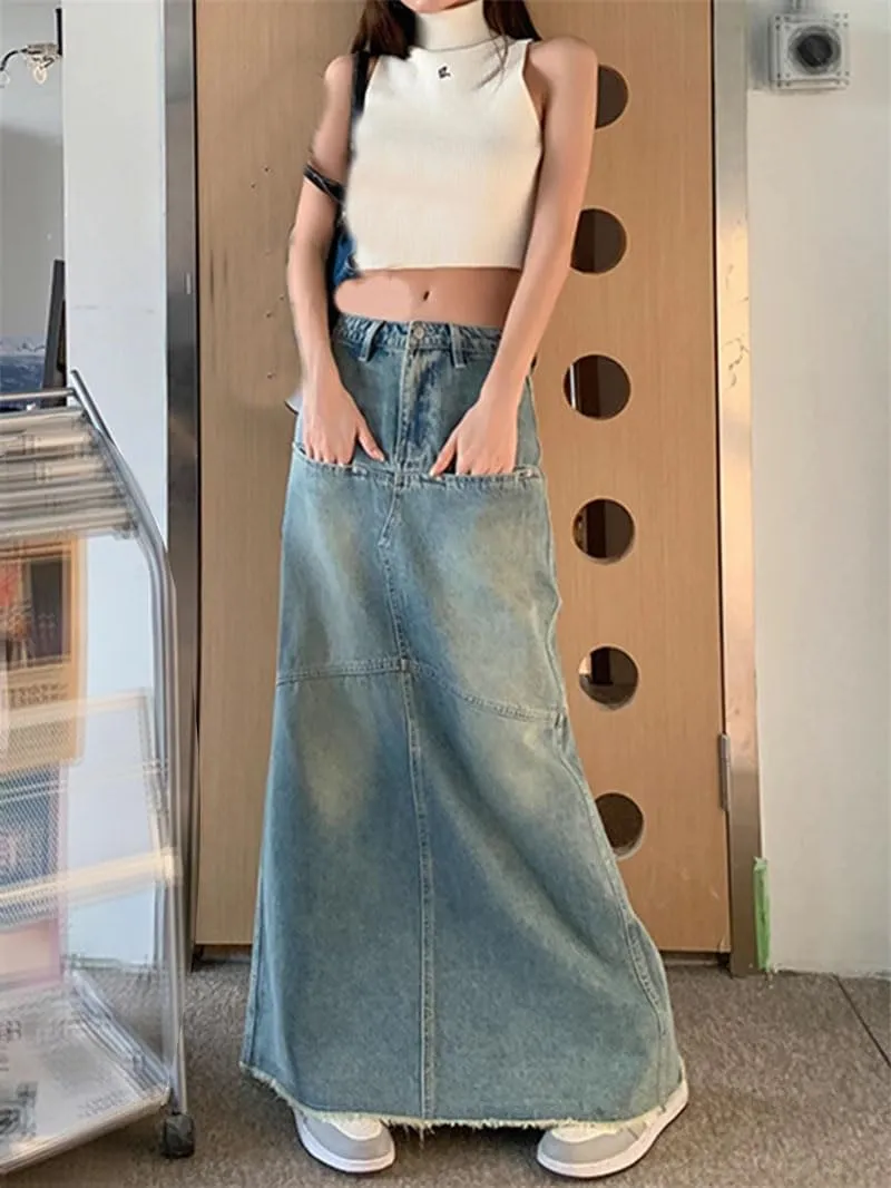 Women's Skinny Denim Long Skirts Vintage High Waist A-Line Pencil Skirt