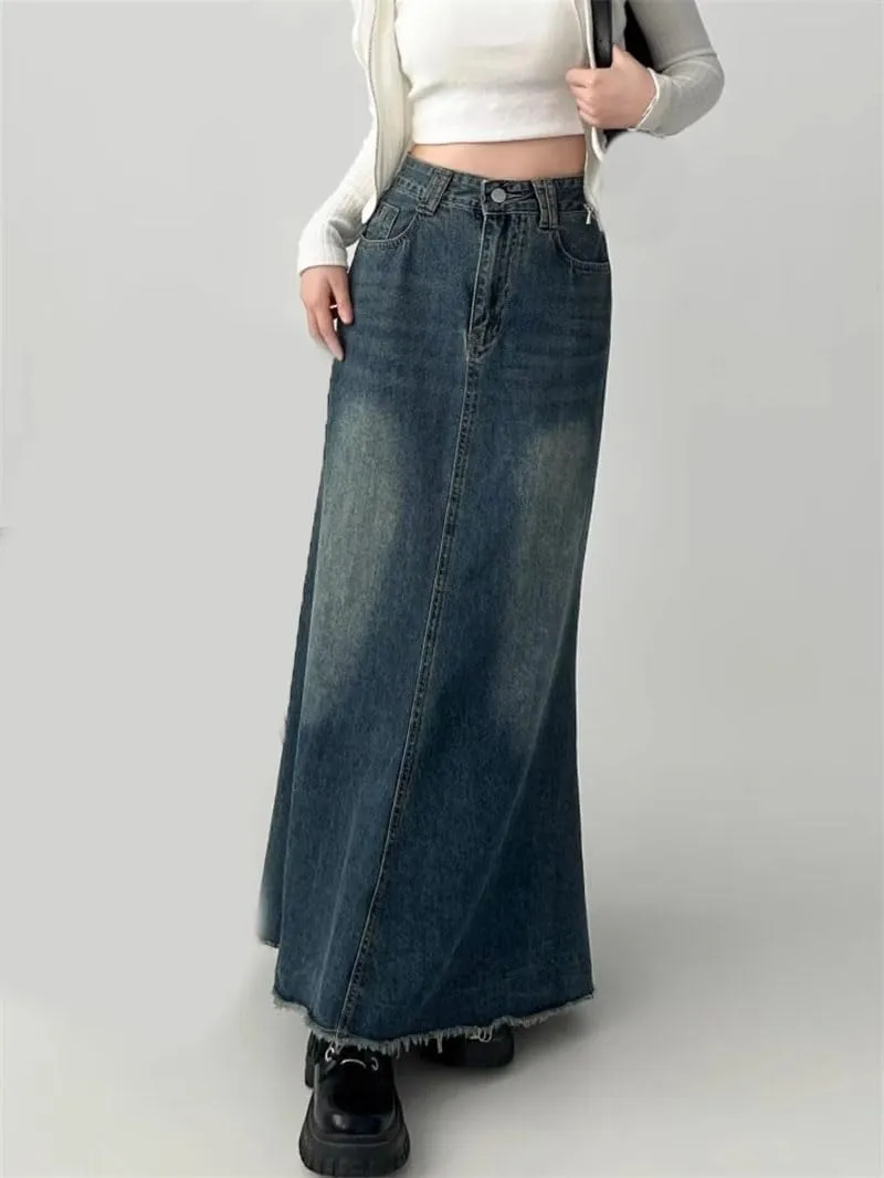 Women's Solid Denim Long Skirts High Waist Vintage Rough Edge Trumpet Skirt