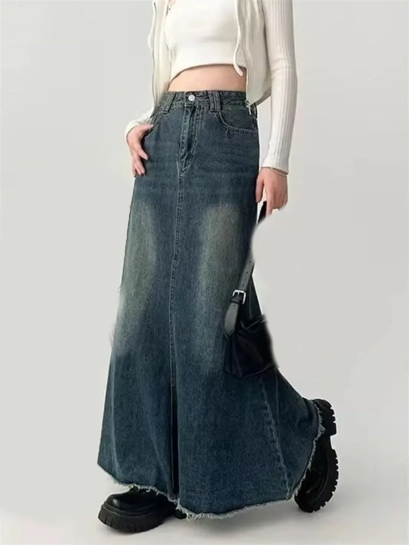 Women's Solid Denim Long Skirts High Waist Vintage Rough Edge Trumpet Skirt