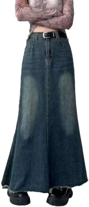 Women's Solid Denim Long Skirts High Waist Vintage Rough Edge Trumpet Skirt