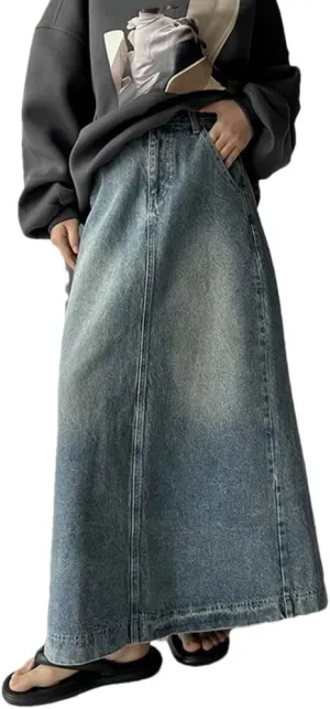 Women's Solid Denim Skirts Loose High Waist A-Line Slit Jean Skirt