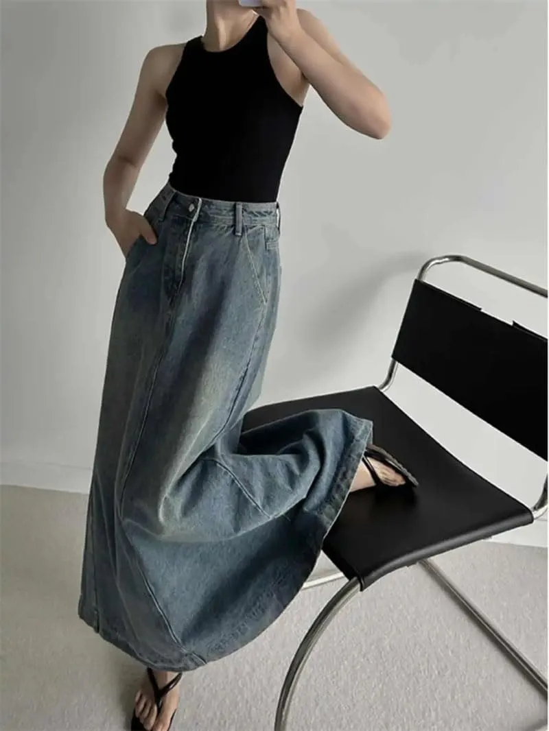 Women's Solid Denim Skirts Loose High Waist A-Line Slit Jean Skirt