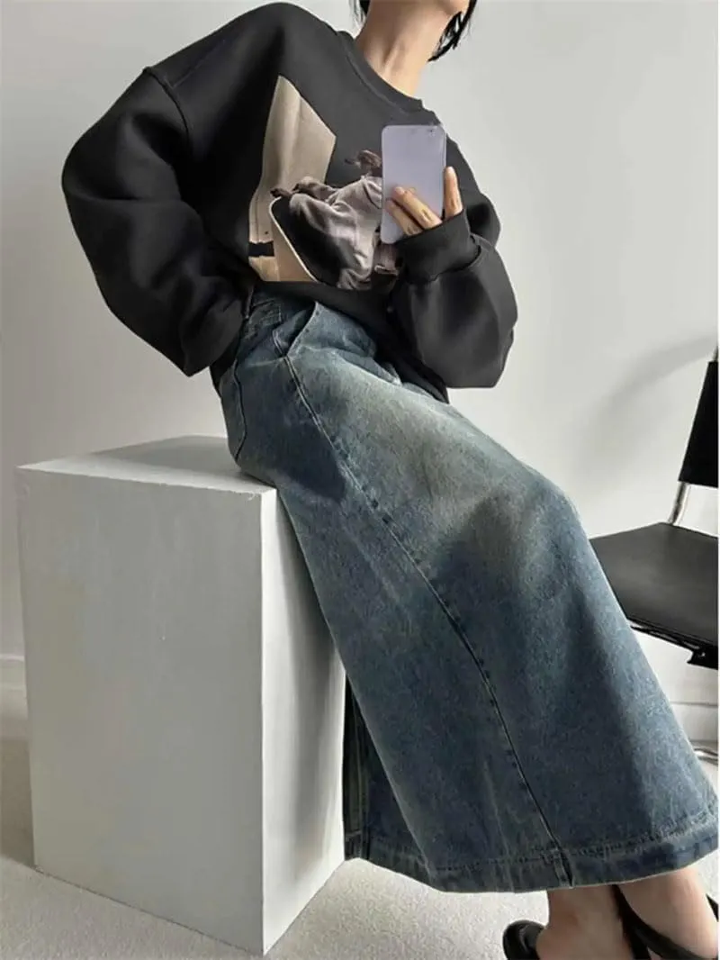 Women's Solid Denim Skirts Loose High Waist A-Line Slit Jean Skirt