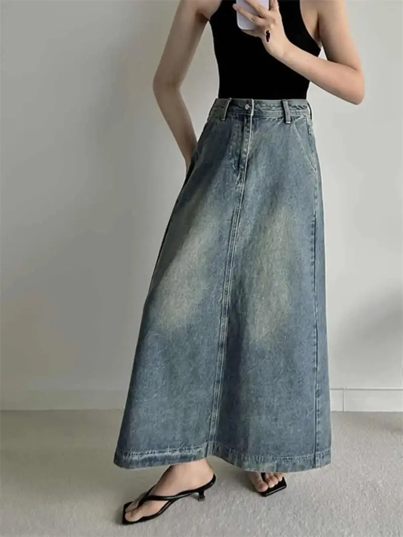 Women's Solid Denim Skirts Loose High Waist A-Line Slit Jean Skirt
