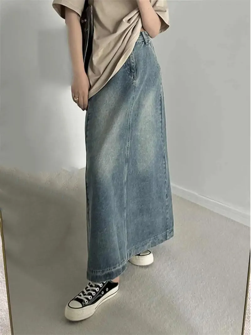 Women's Solid Denim Skirts Loose High Waist A-Line Slit Jean Skirt