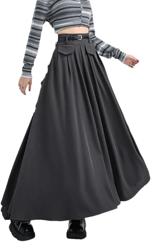 Women's Solid Long Skirt High Waist Casual A-Line Pleated Skirts