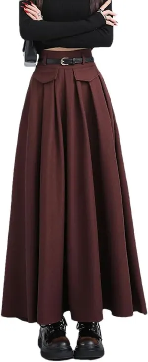 Women's Solid Long Skirt High Waist Casual A-Line Pleated Skirts