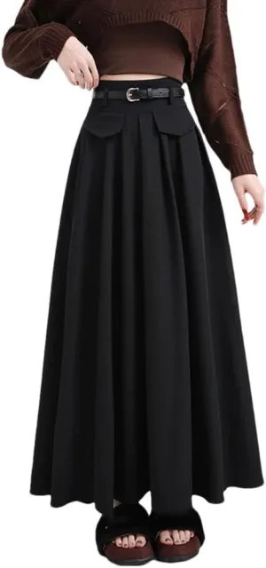Women's Solid Long Skirt High Waist Casual A-Line Pleated Skirts