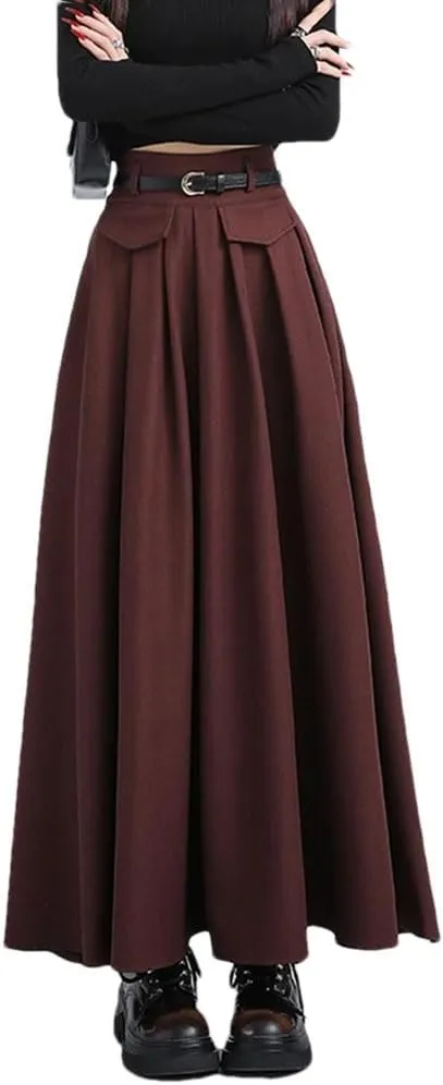 Women's Solid Long Skirt High Waist Casual A-Line Pleated Skirts