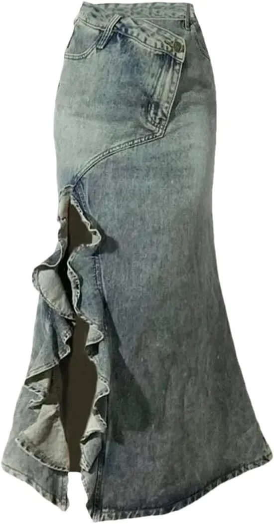 Women's Split Mermaid Skirt Harajuku Casual Vintage A-Line Denim Skirts