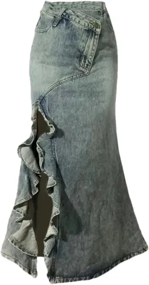 Women's Split Mermaid Skirt Harajuku Casual Vintage A-Line Denim Skirts