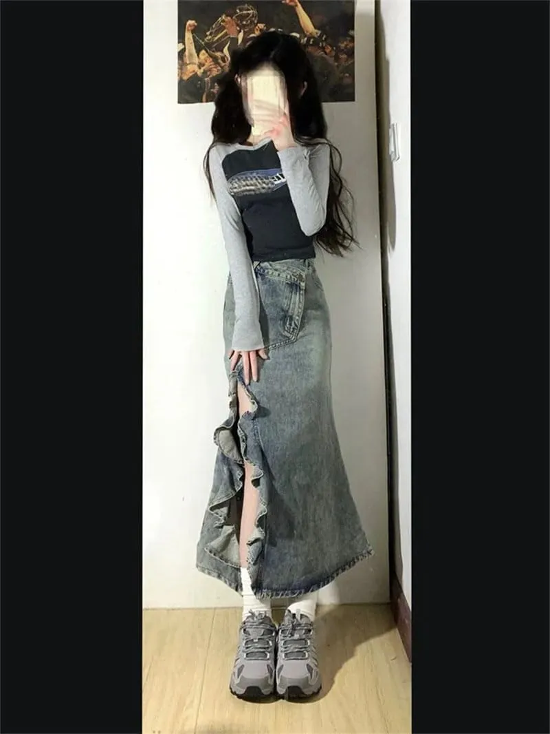 Women's Split Mermaid Skirt Harajuku Casual Vintage A-Line Denim Skirts