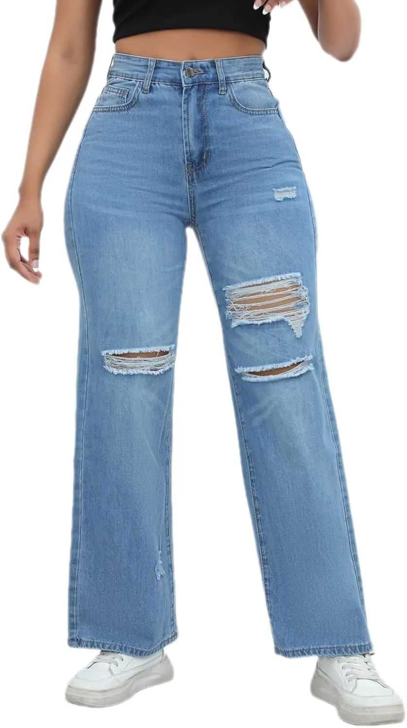 Womens Straight Leg Jeans Baggy Ripped High Waisted Distressed Boyfriend Jeans for Women Wide Leg Denim Pants