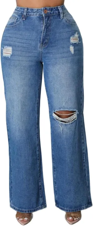 Womens Straight Leg Jeans Baggy Ripped High Waisted Distressed Boyfriend Jeans for Women Wide Leg Denim Pants