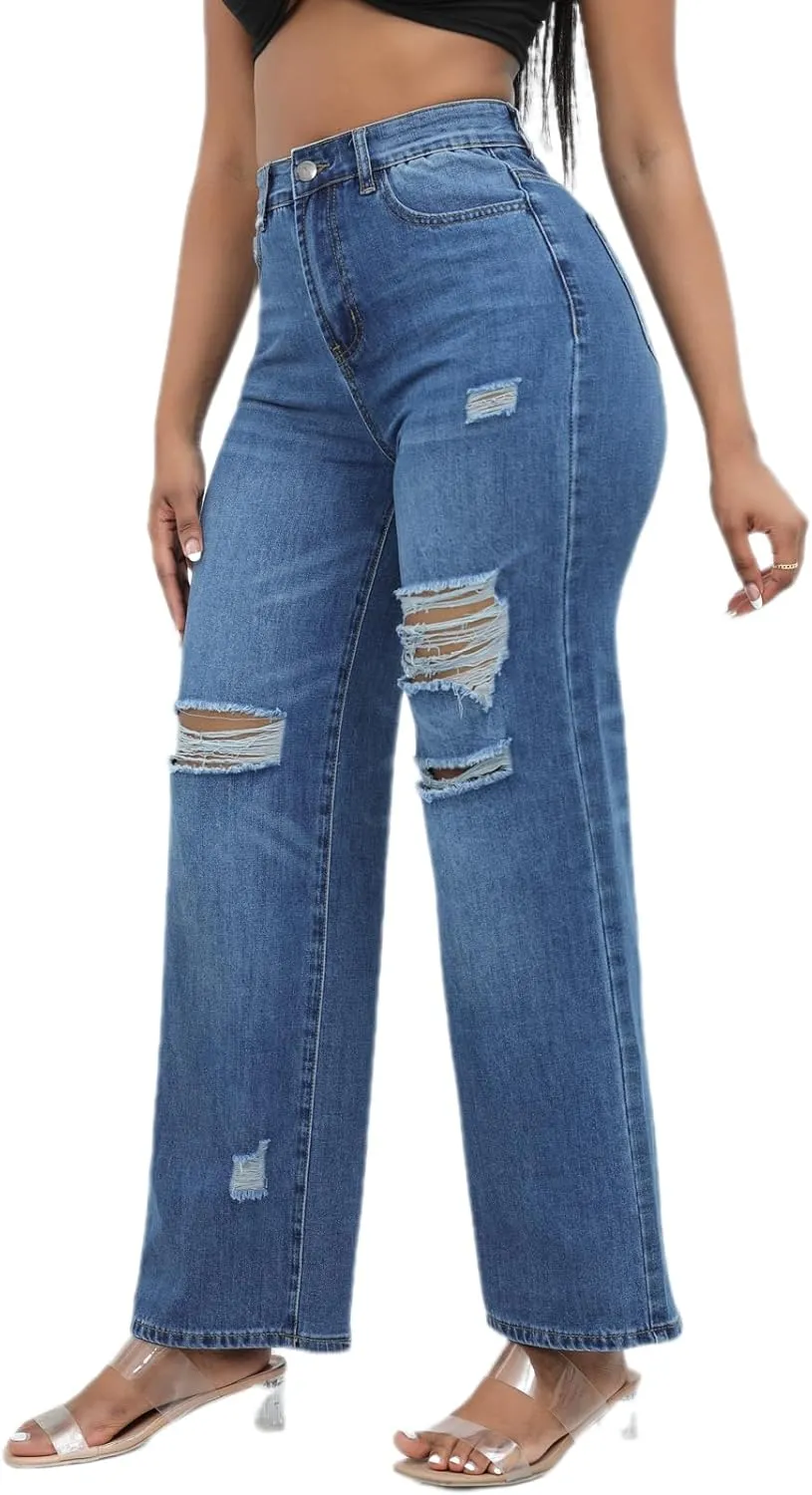 Womens Straight Leg Jeans Baggy Ripped High Waisted Distressed Boyfriend Jeans for Women Wide Leg Denim Pants