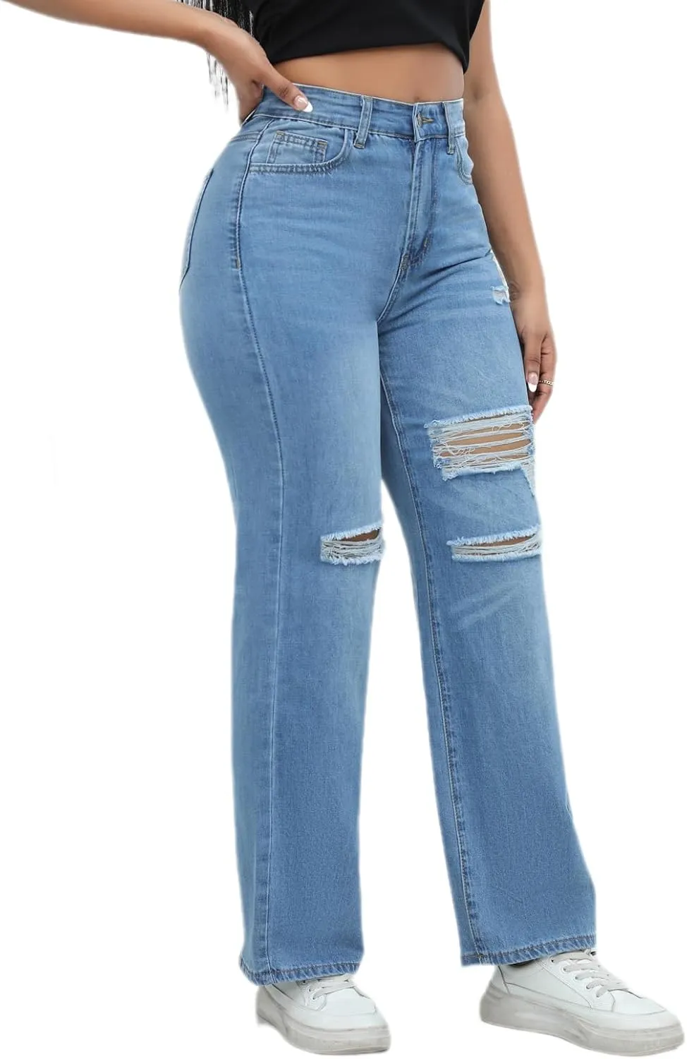 Womens Straight Leg Jeans Baggy Ripped High Waisted Distressed Boyfriend Jeans for Women Wide Leg Denim Pants