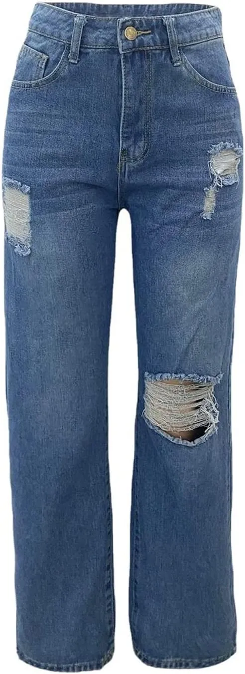 Womens Straight Leg Jeans Baggy Ripped High Waisted Distressed Boyfriend Jeans for Women Wide Leg Denim Pants