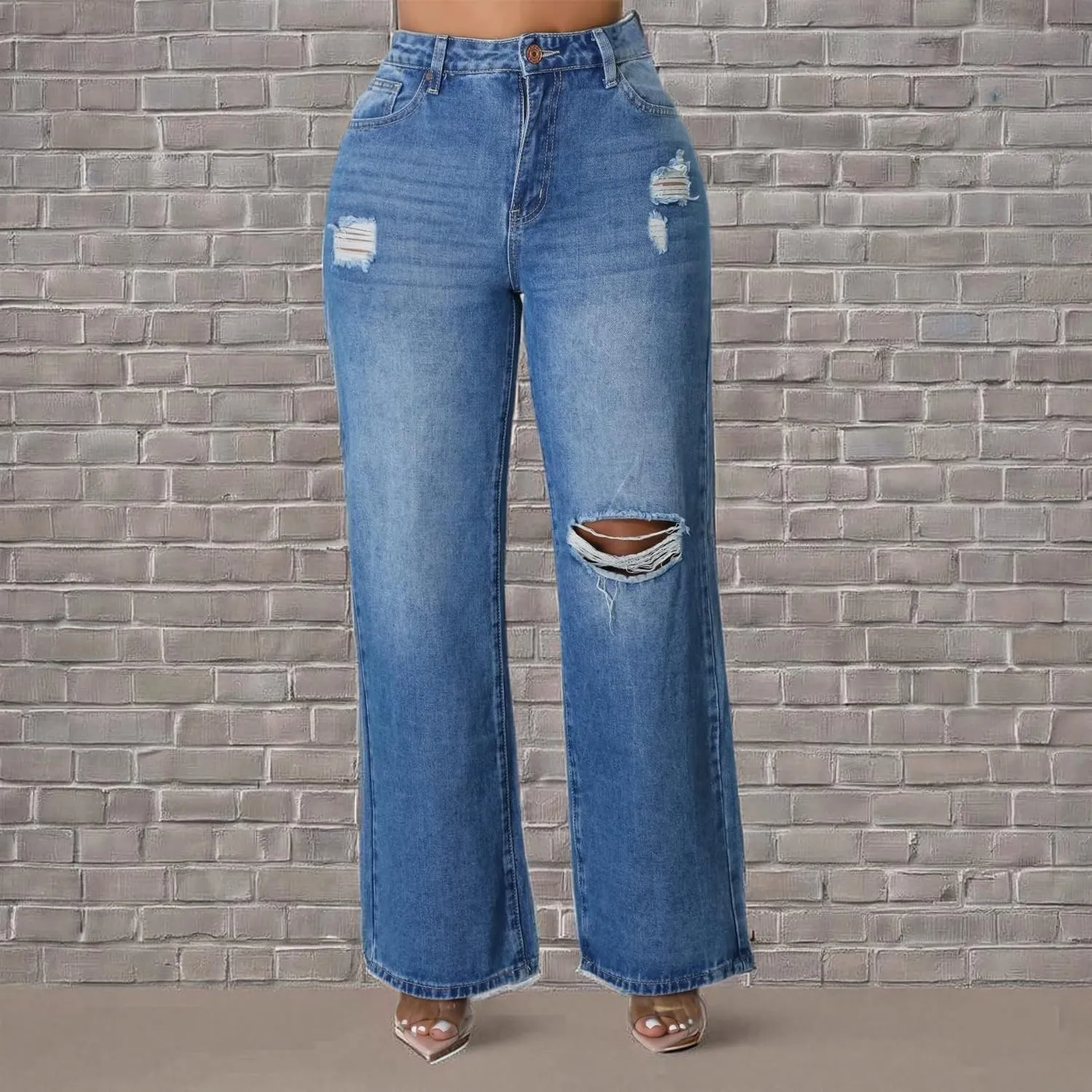 Womens Straight Leg Jeans Baggy Ripped High Waisted Distressed Boyfriend Jeans for Women Wide Leg Denim Pants