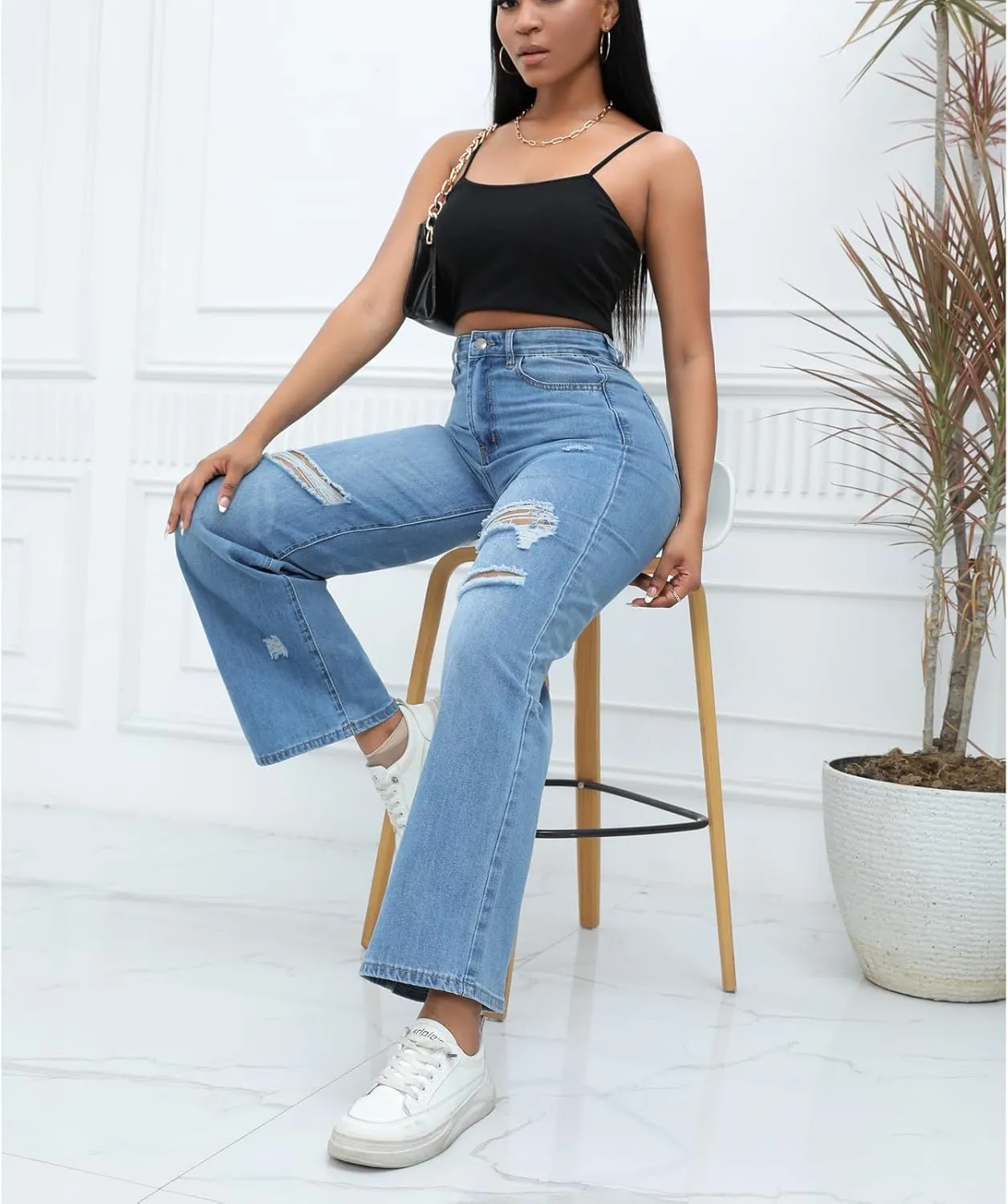 Womens Straight Leg Jeans Baggy Ripped High Waisted Distressed Boyfriend Jeans for Women Wide Leg Denim Pants