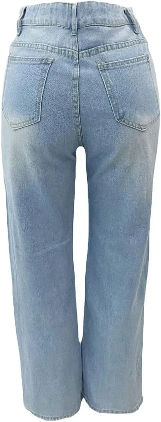 Womens Straight Leg Jeans Baggy Ripped High Waisted Distressed Boyfriend Jeans for Women Wide Leg Denim Pants