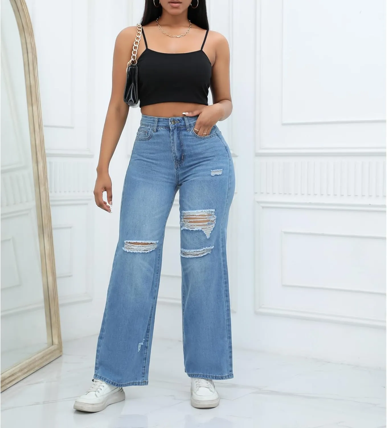 Womens Straight Leg Jeans Baggy Ripped High Waisted Distressed Boyfriend Jeans for Women Wide Leg Denim Pants