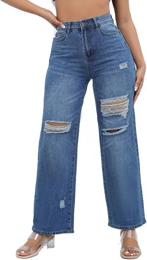 Womens Straight Leg Jeans Baggy Ripped High Waisted Distressed Boyfriend Jeans for Women Wide Leg Denim Pants
