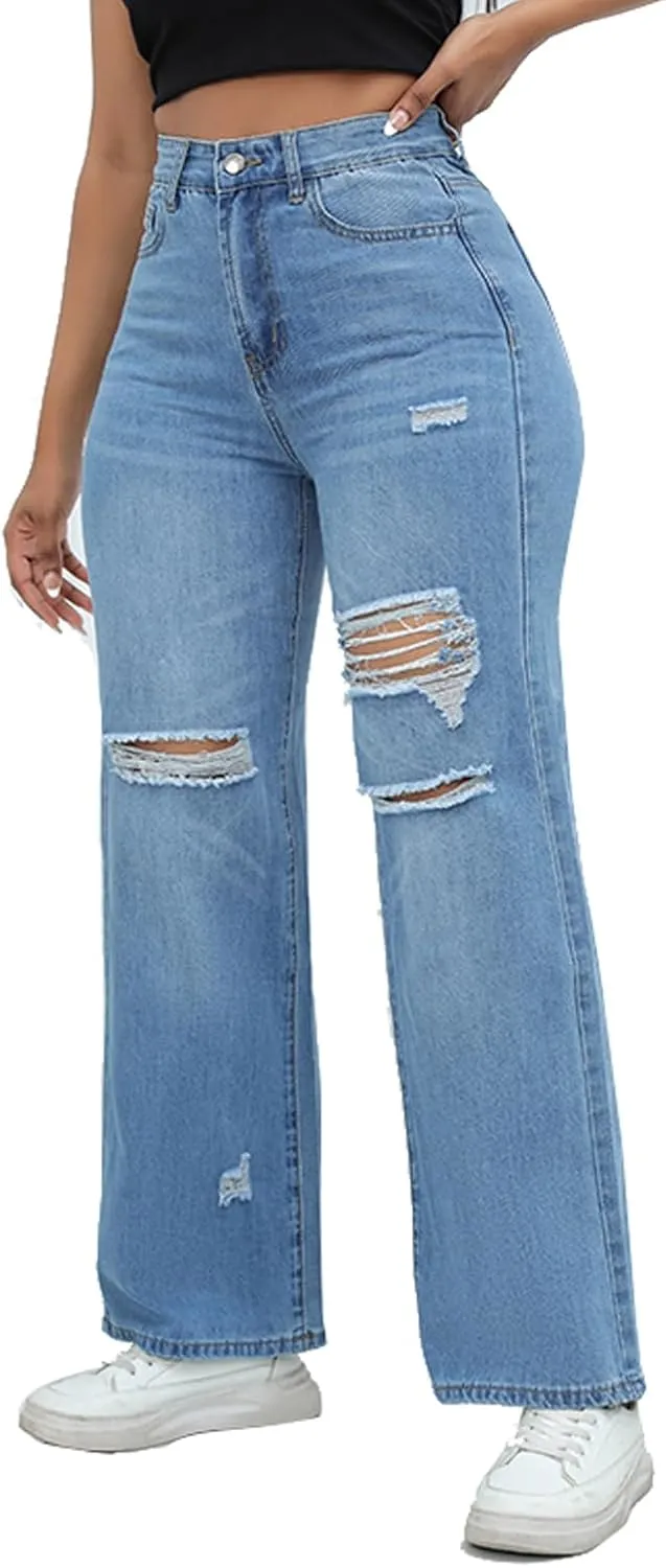 Womens Straight Leg Jeans Baggy Ripped High Waisted Distressed Boyfriend Jeans for Women Wide Leg Denim Pants