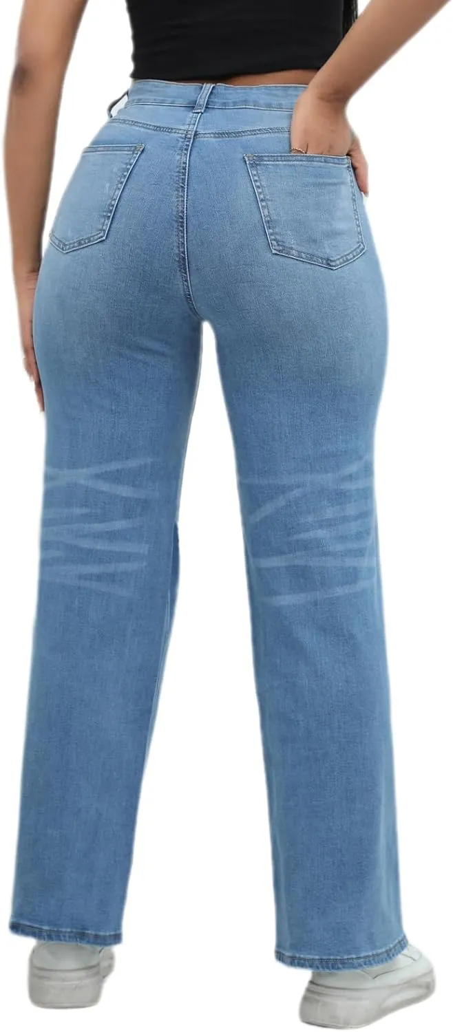 Womens Straight Leg Jeans Baggy Ripped High Waisted Distressed Boyfriend Jeans for Women Wide Leg Denim Pants