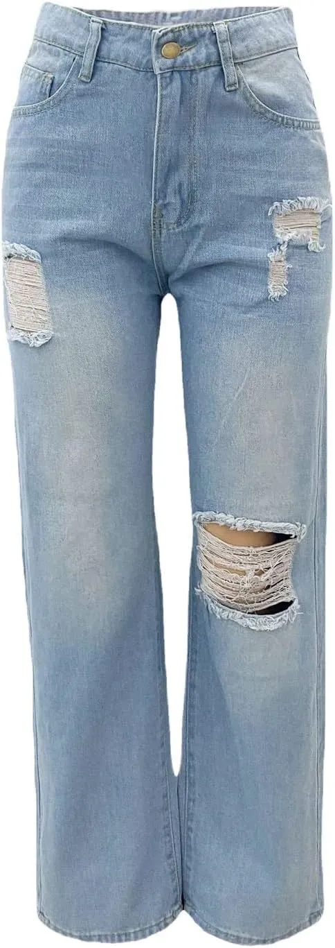 Womens Straight Leg Jeans Baggy Ripped High Waisted Distressed Boyfriend Jeans for Women Wide Leg Denim Pants
