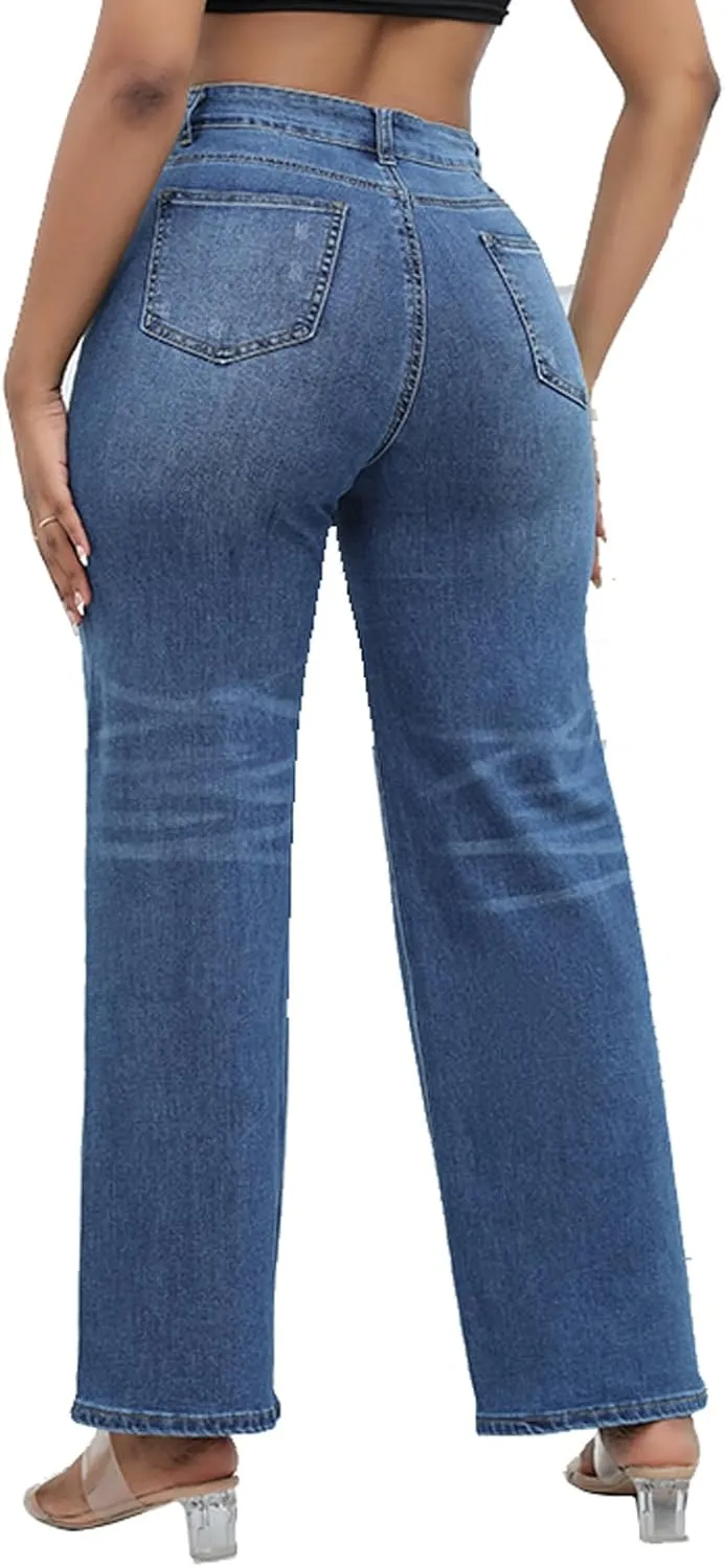 Womens Straight Leg Jeans Baggy Ripped High Waisted Distressed Boyfriend Jeans for Women Wide Leg Denim Pants