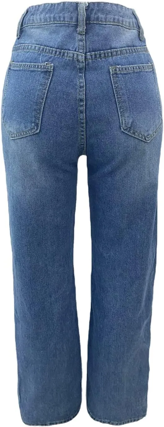 Womens Straight Leg Jeans Baggy Ripped High Waisted Distressed Boyfriend Jeans for Women Wide Leg Denim Pants