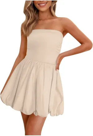 Women's Strapless Tube Top Ruffle Hem Mini Dress Ruched Waist Short Party Dresses Elegant Strapless Mini Dress