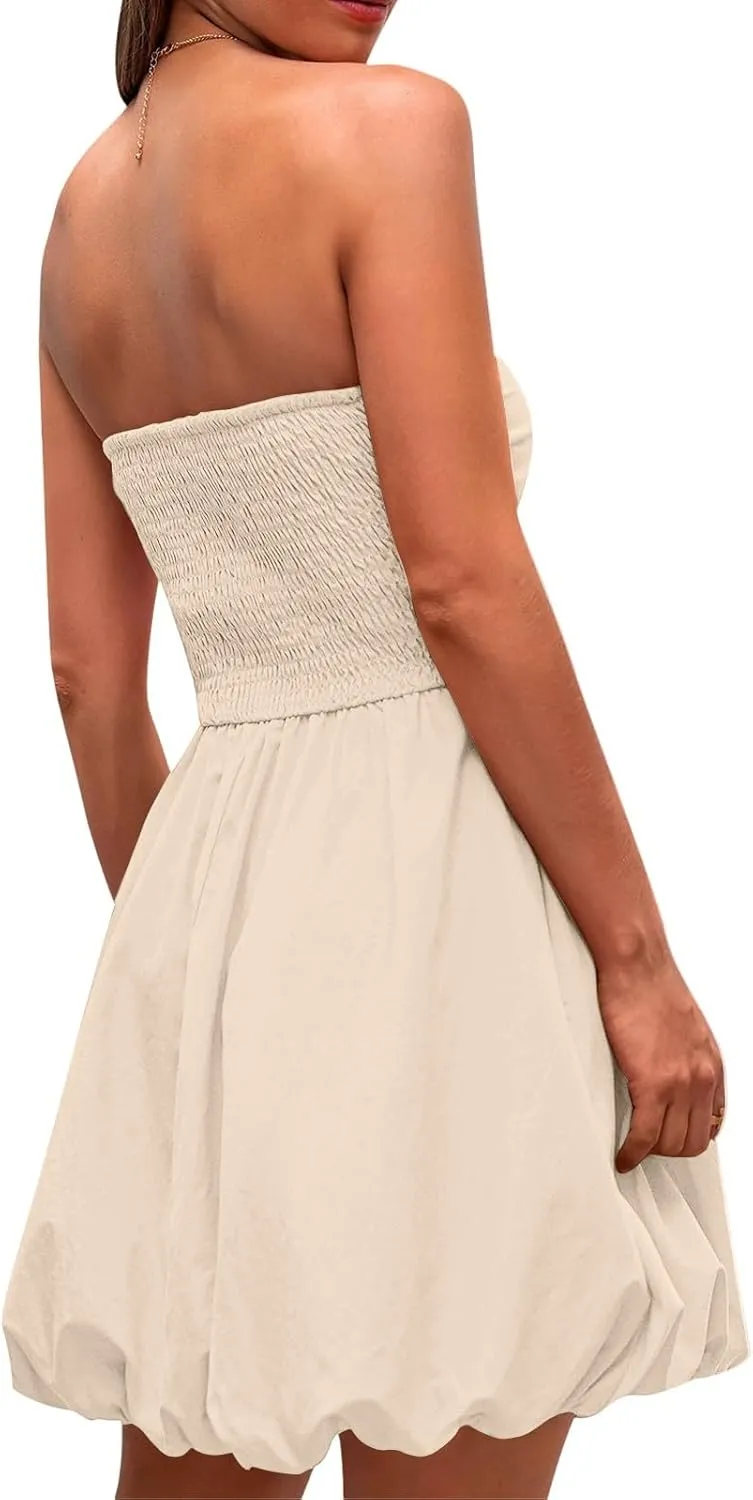 Women's Strapless Tube Top Ruffle Hem Mini Dress Ruched Waist Short Party Dresses Elegant Strapless Mini Dress