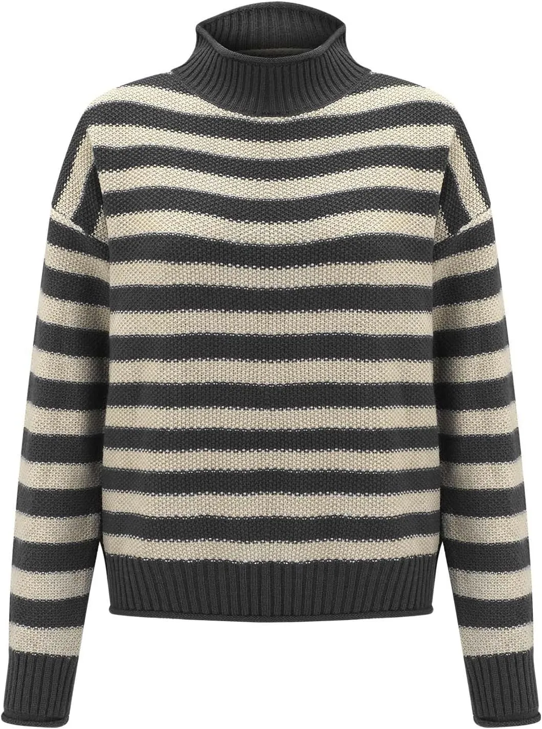 Women's Striped Turtleneck Sweater Trendy Long Sleeve Ribbed Knitted Thermal Pullovers Mock Neck Loose Casual Jumpers