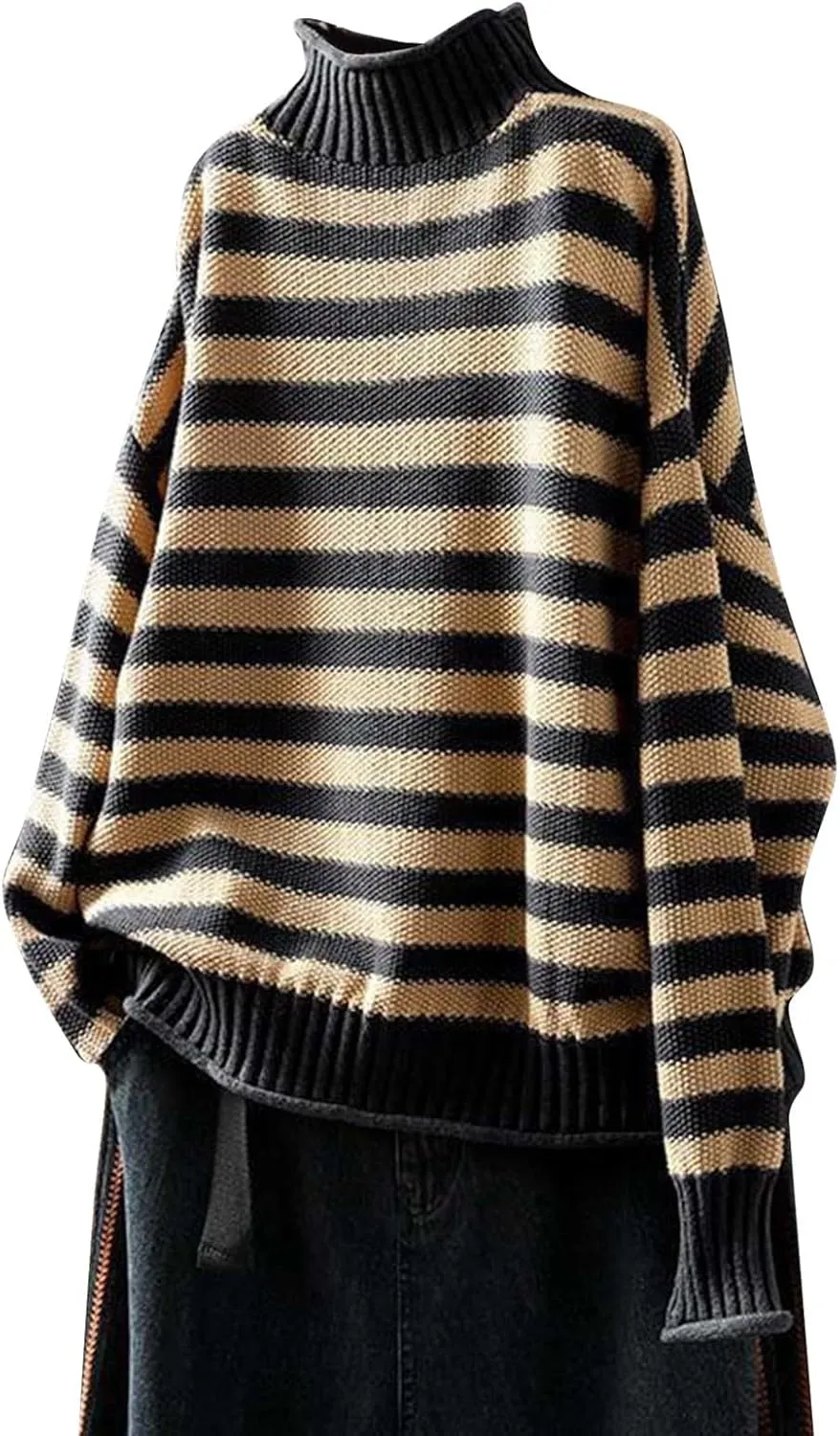 Women's Striped Turtleneck Sweater Trendy Long Sleeve Ribbed Knitted Thermal Pullovers Mock Neck Loose Casual Jumpers