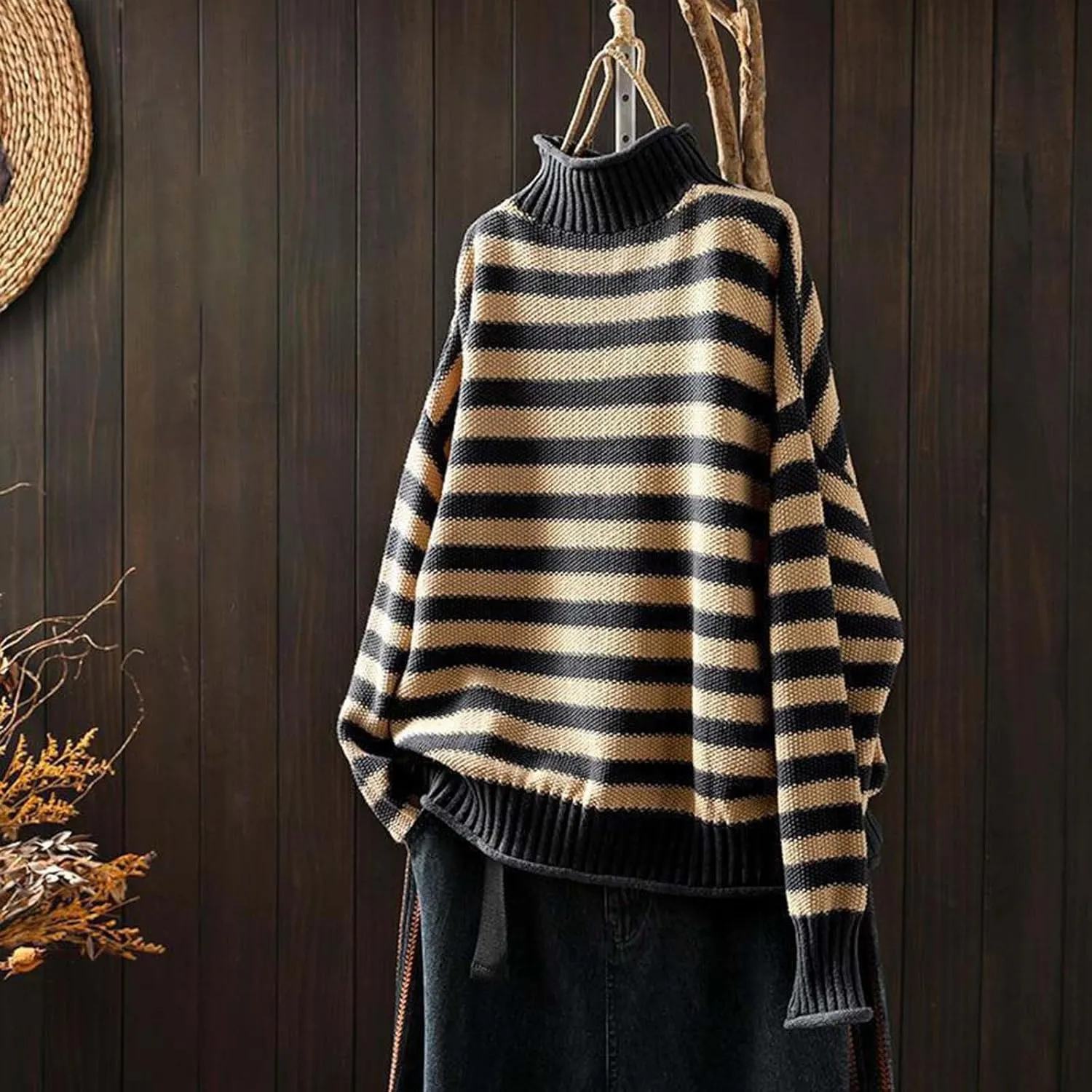 Women's Striped Turtleneck Sweater Trendy Long Sleeve Ribbed Knitted Thermal Pullovers Mock Neck Loose Casual Jumpers