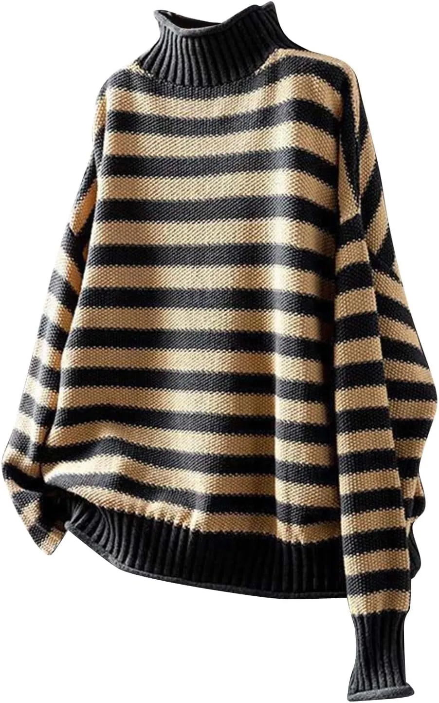 Women's Striped Turtleneck Sweater Trendy Long Sleeve Ribbed Knitted Thermal Pullovers Mock Neck Loose Casual Jumpers