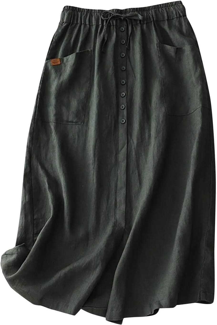 Womens Summer Cotton Linen Midi Skirt Fashion Front Split Elastic Waist Long Skirts with Pockets