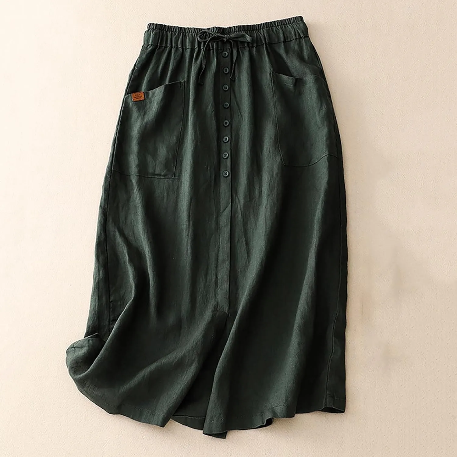 Womens Summer Cotton Linen Midi Skirt Fashion Front Split Elastic Waist Long Skirts with Pockets