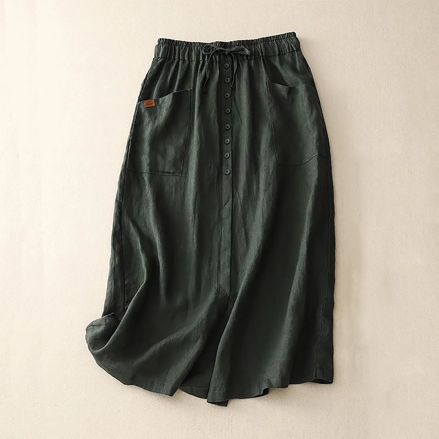 Womens Summer Cotton Linen Midi Skirt Fashion Front Split Elastic Waist Long Skirts with Pockets