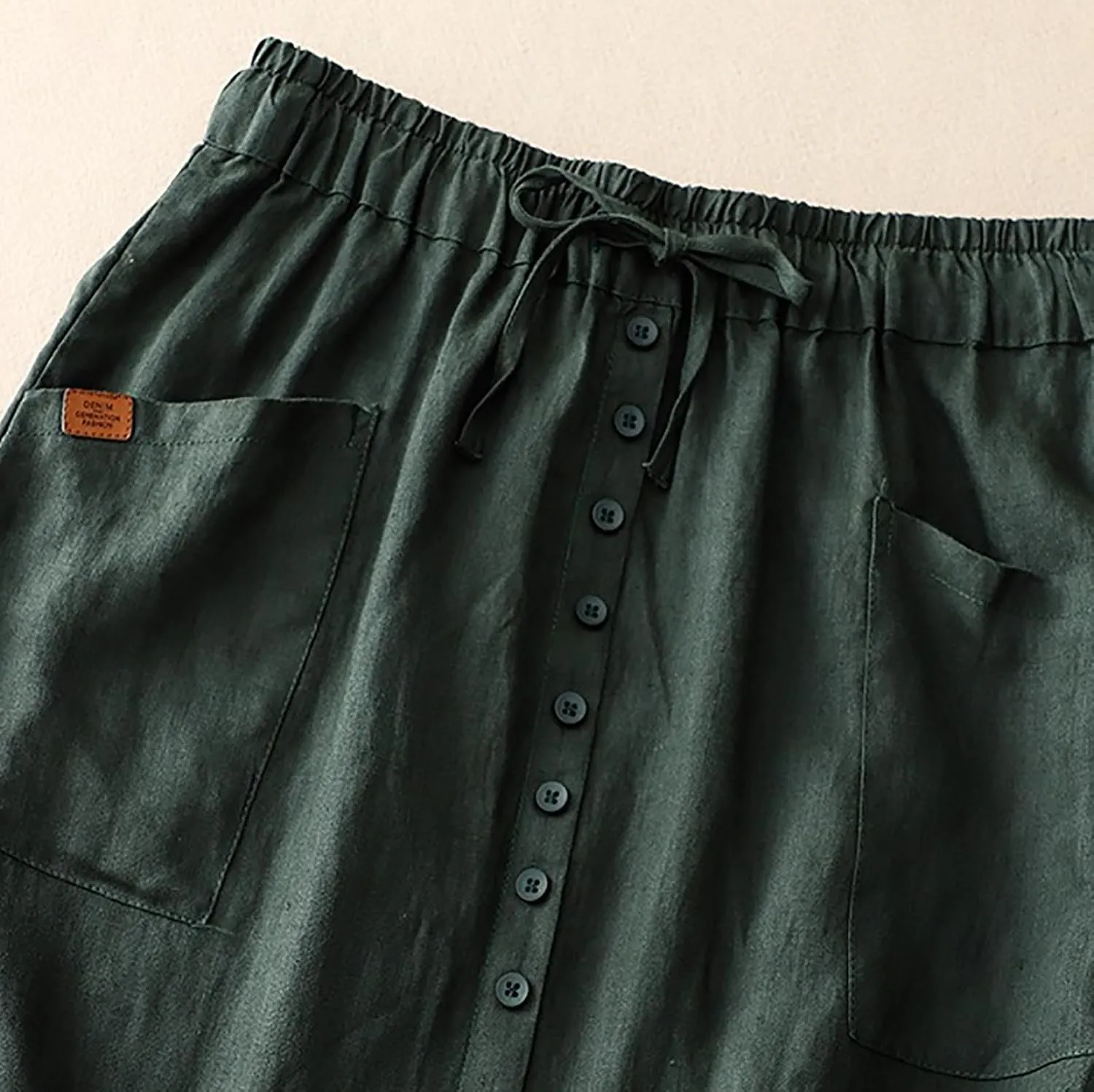 Womens Summer Cotton Linen Midi Skirt Fashion Front Split Elastic Waist Long Skirts with Pockets